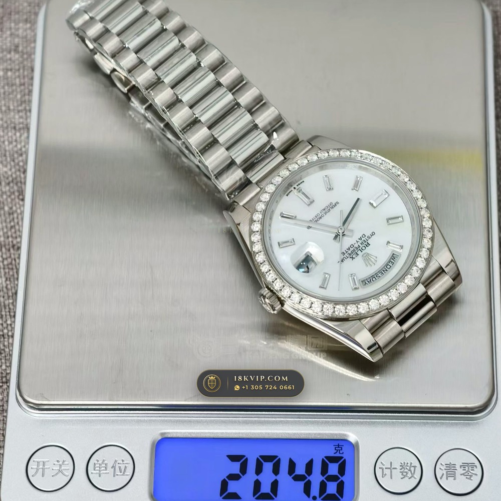 Rolex Day-Date 40 Mother-of-Pearl Dial & Diamond Bezel 18K White Gold Ref. 228349RBR — Private Vault Edition — Studio Gallery Plate VII in 18K White Gold Au750 (210.8g Verified Mass, Rolex Manufacture Cal. 3255 - 70h Power Reserve)