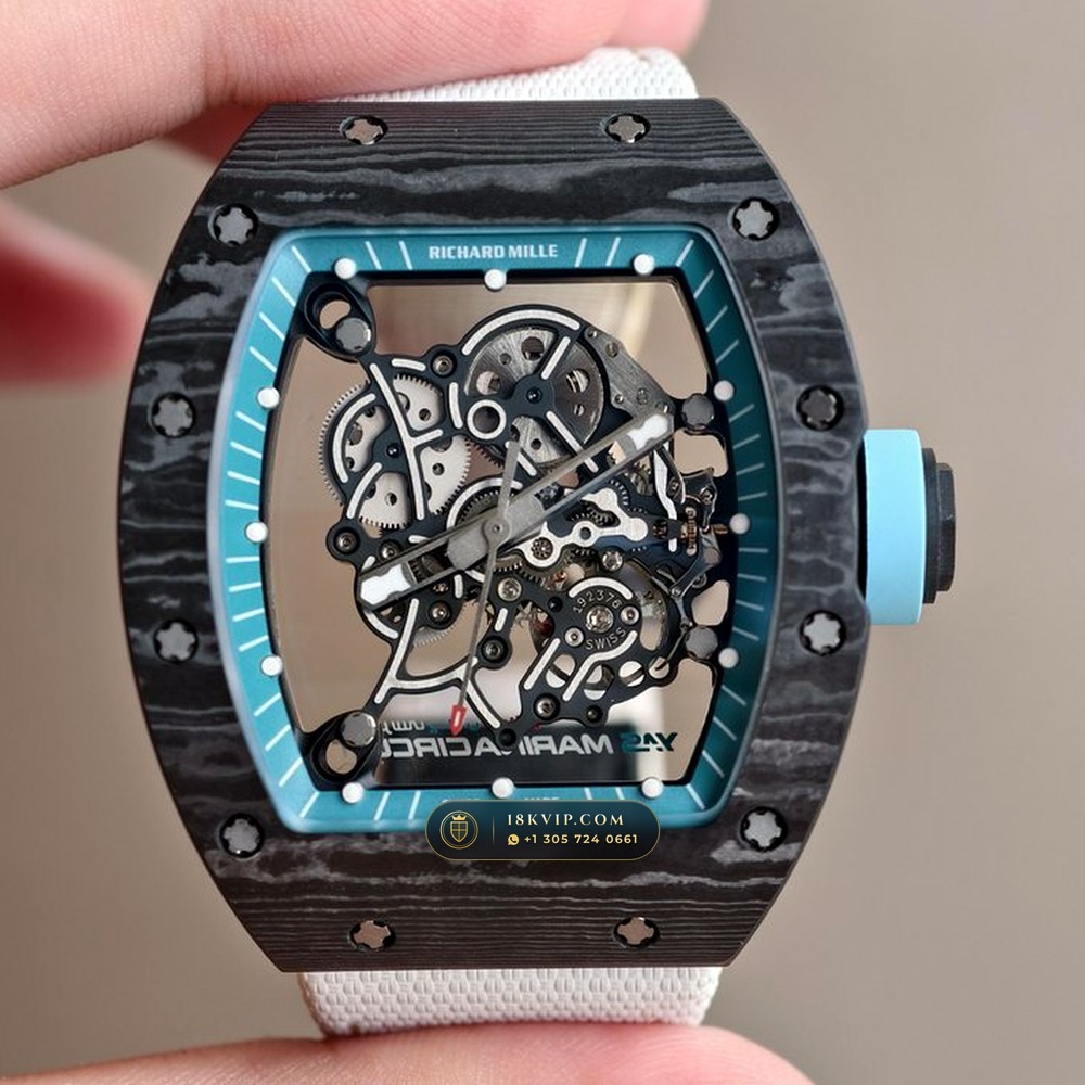 Richard Mille RM 055 Bubba Watson Yas Marina Carbon TPT & Turquoise (Ref. RM 055) — Verified Mass 66.9g — Optical Macro Plate 3 (Inside Grade-5 Titanium Skeleton Bridges and Free-Sprung Tourbillons)