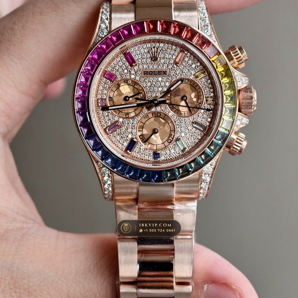Rolex Cosmograph Daytona Rainbow Full Diamond Pave Dial 18K Everose Gold Ref. 116595RBOW (Ref. 116595RBOW) — Verified Mass 216.5g — Optical Macro Plate 2 (What Makes an Off-Catalogue Rolex Daytona So Difficult to Engineer?)