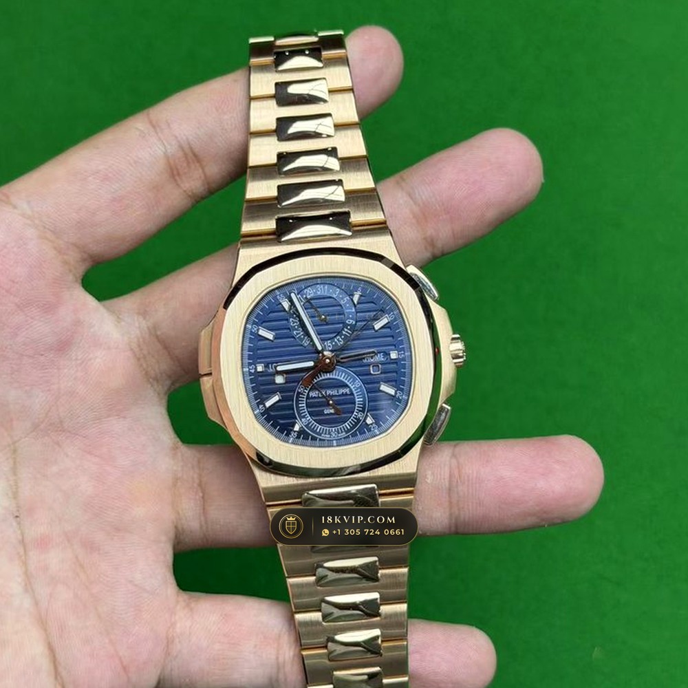 Patek Philippe Nautilus Travel Time Chronograph Sunburst Blue Dial 18K Rose Gold Ref. 5990/1R-001 (Ref. 5990/1R-001) — Verified Mass 197.6g — Optical Macro Plate 2 (Why Discerning Collectors Prefer Private Treaty Over Public Auctions)