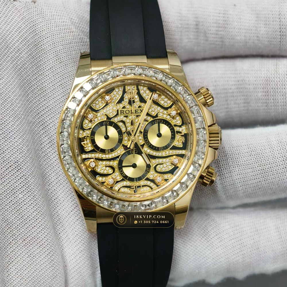Rolex Cosmograph Daytona Eye of the Tiger Diamond Dial 18K Yellow Gold Ref. 116588TBR (Ref. 116588TBR) — Verified Mass 160.7g — Optical Macro Plate 3 (How Are Gold Crystal Sub-Dials and Tiger-Stripe Pave Dials Constructed?)
